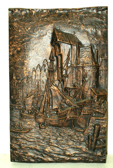 KUPFERBILD, 3D,ALTES HOLZ Segelschiff Piratenboot alte Stadt 34 x 55 cm