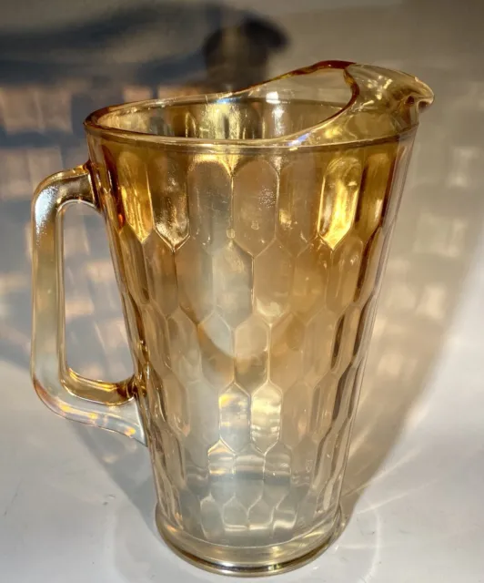 Jeannette Hex Optic Honeycomb Pitcher Marigold Depression Glass 64 OZ Vintage