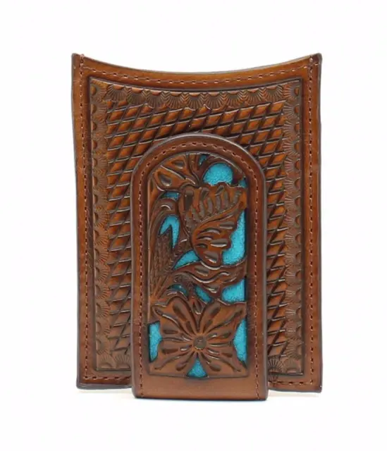 Nocona Western Mens Money Clip Weave Floral Overlay Turquoise Brown N5426527
