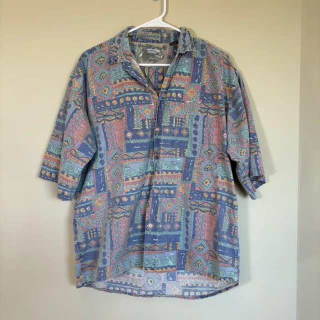 Vintage 80s Pier Connection Mens Med Shirt Geometric Button Up Short Sleeve