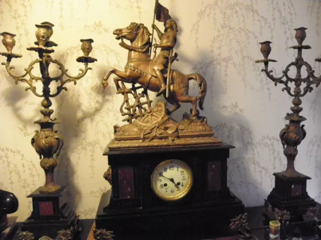 Antique French Marble & Spelter Clock Garniture set. Late 19th - Early 20th C.