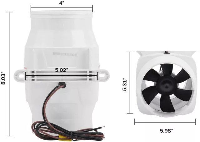 White 4'' Quiet In-Line Marine Bilge White Air Blower 12V 6Amp 270 CFM Boat Fan