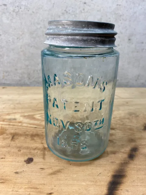 Vintage Zinc Lid Atlas Mason Jar #3 mold Pint  Blue Green glass 1858