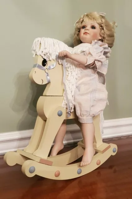 The Hamilton Heritage Porcelain Doll "Amy" With Wooden Rocking Horse- Mint Iob
