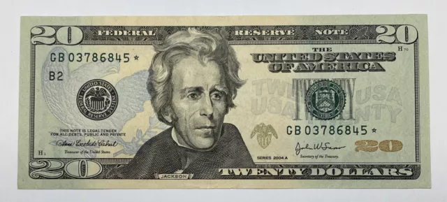 2004 A $20 Federal Reserve Star Note New York District GB03786845* CRISP