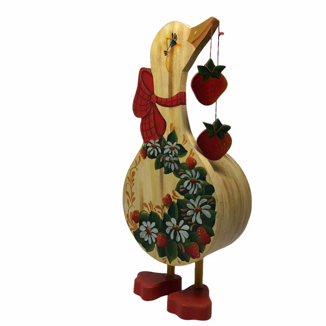 Vintage 1980s Wood Strawberry Duck Figure Caddy Planter 15 1/2" Kitch Retro Deco