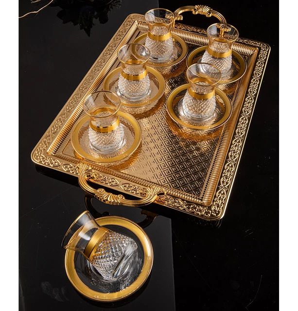 Turkish Luxury 7 Piece Tea Cup Set | Rectangular Tray - Gold | 95-713-K-18