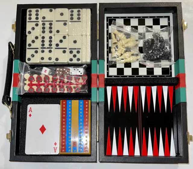 Travel Briefcase Game Set Backgammon Chess Cribbage Checkers Dominoes 6 in 1 New