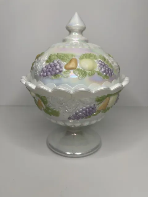 Westmoreland Robbia Milk Glass Della Candy Dish Iridescent Fruit Hand Painted