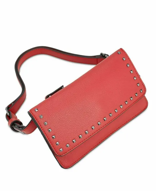 INC Quiin Fanny Pack Studded Convertible Small Red Leather Belt-Bag Flap NWT