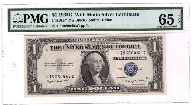 1935 G $1 Silver Certificate w/ Motto Star ⭐ Fr#1617* PMG GemUNC65 EPQ Y00010188