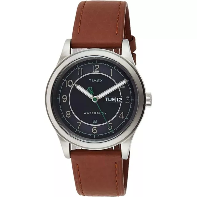 Timex Men's Watch Waterbury Day-Date Dark Blue Dial Brown Strap TW2U90400VQ