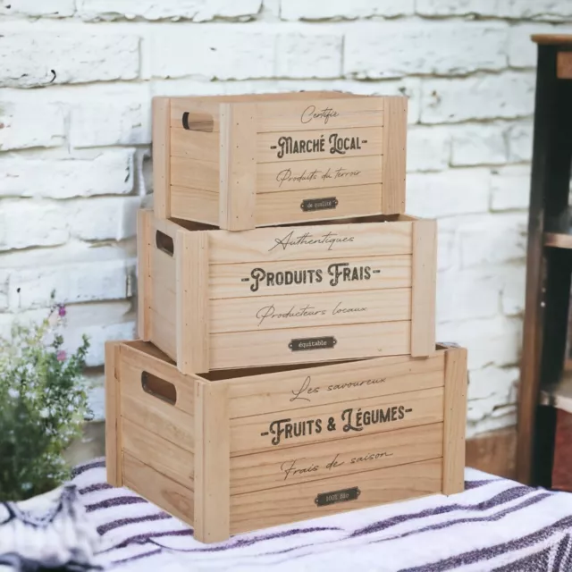 Set of 3 Vintage Wooden Storage Chest Fruit & Veg Drawers Tool Boxes w/ Handles 3