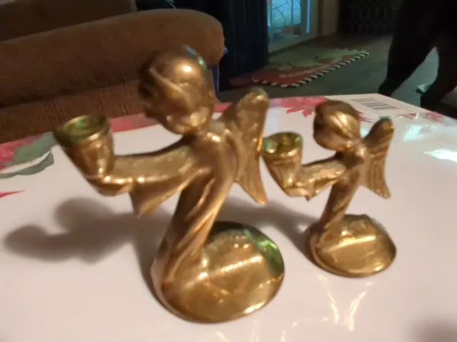 Pair  Miniature Kneeling Angel Candle Stick Holder Figurine  Solid Brass Vintage