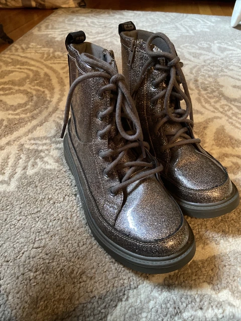 UGG Robley Glitter Combat Boot Gray Glitter Zip Up & Lace Up Girls Youth Size 5