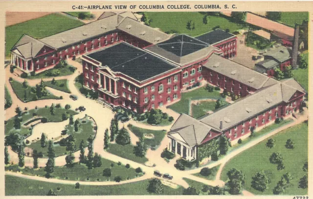 Airplane View of Columbia College   Columbia  SC Unused Linen Postcard 10224