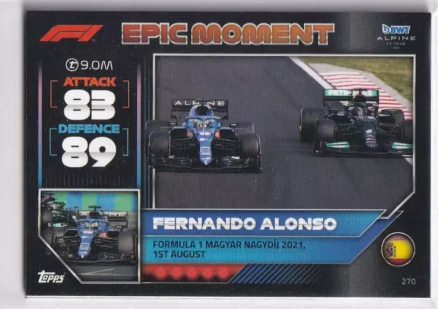 Topps F1 Turbo Attax 2022 Formule 1 Carte Numéro 270 Epic Moment Fernando Alonso