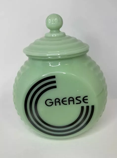 Jadeite Green Glass Black Letter Art Deco Grease Jar & Lid Container Jar