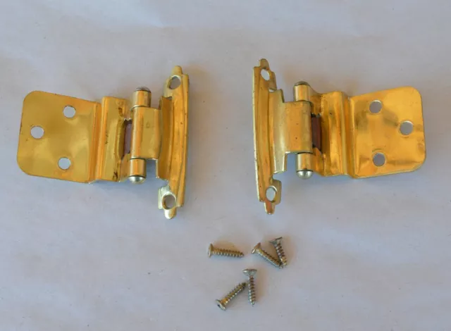 2 Used Brass Gold Tone Metal Spring Loaded Cabinet Door Hinges w 10 Screws