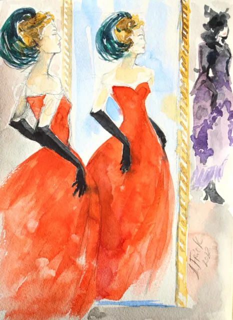 Original Zeichnung Tusche Aquarell "Red dress" Fashion Illustration Modedesign