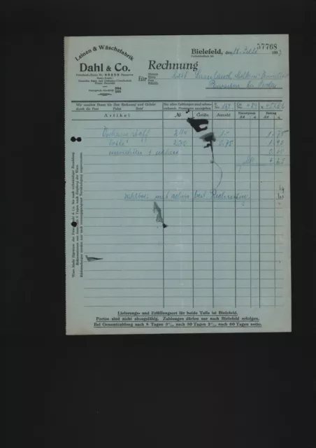BIELEFELD, Rechnung 1933, Dahl & Co. Leinen-Wäsche-Fabrik