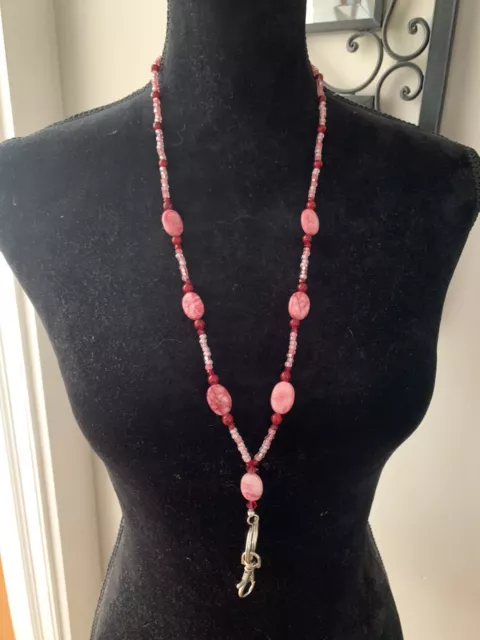 Handmade Pink and Red Beaded ID Card Badge Lanyard - Silver Tone Bead Accents