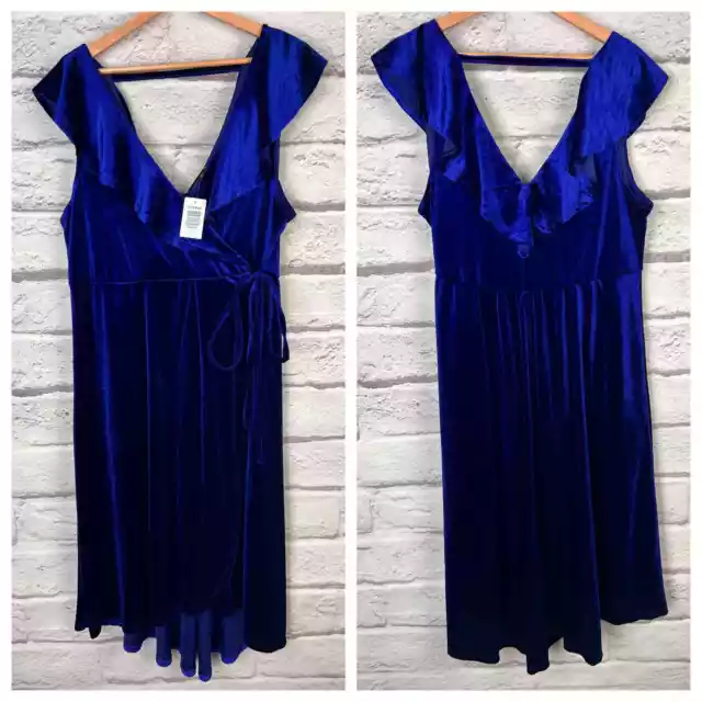 TORRID Women's 2X (2) Blue Velvet Ruffle V-Neck Midi Hi-Lo Hem Wrap Dress NWT