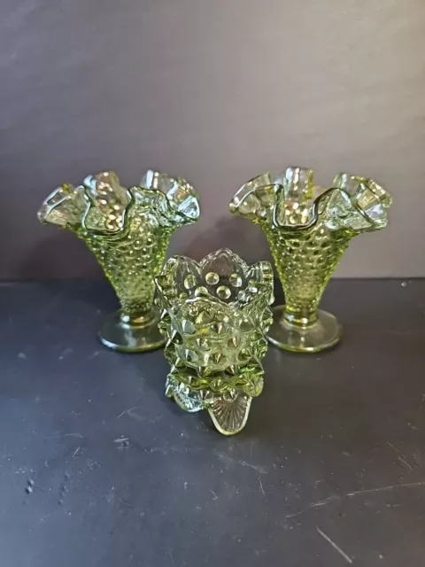 Vintage Clear Green Fenton Hobnail Glass Mini Vases And Toothpick Holder