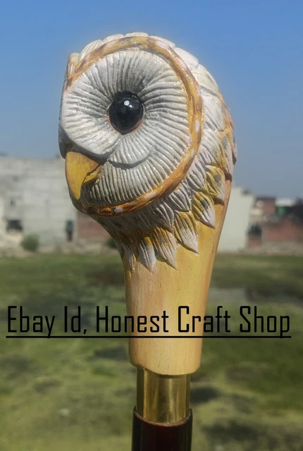Hand Carved Owl Head Wooden Walking Cane Handmade Owl Bird Walking Stick Gift T3