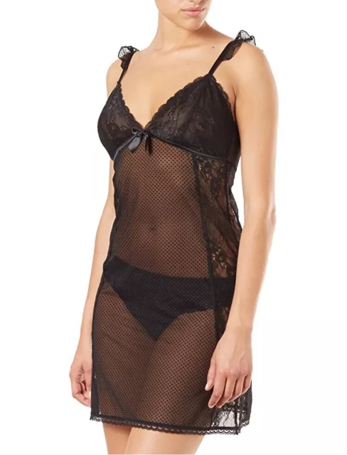 La Redoute Castaluna Lace and Dotted Tulle Nightie and Thong Set Size 16 Black