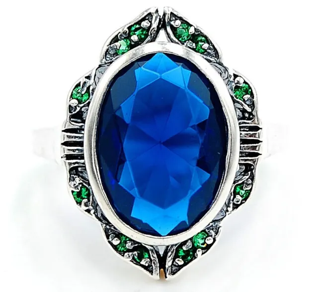 8KT natürlicher blauer Saphir & Smaragd 925 Sterlingsilber filigraner Ring Gr. 7 FS3