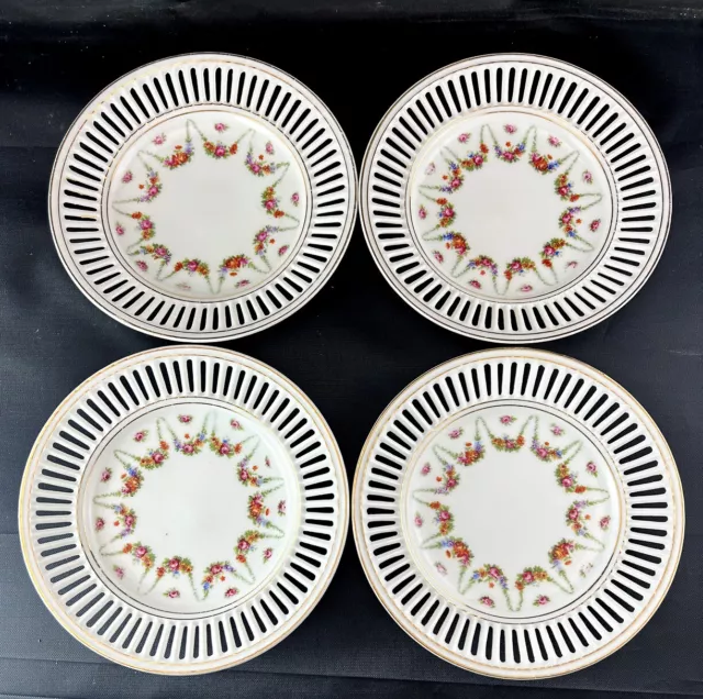 4 Antique Czechoslovakia Union K Pierced Porcelain Rose Swag 6 1/4" Plates