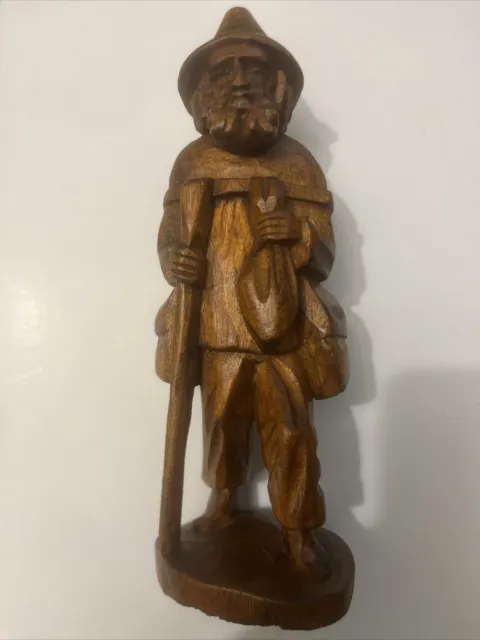 Vintage Wooden Hand Carved Barefeet Bearded Wanderer Old Man - 8.5” Tall