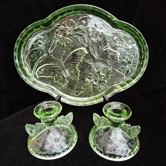 ART DECO GREEN Glass Dressing Table Tray Set with Candlesticks