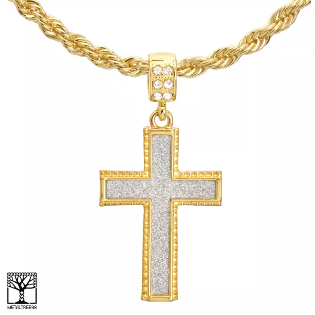 Men's Gold Plated CZ Cross Pendant 22" Chain Necklace Set HC 2044 G