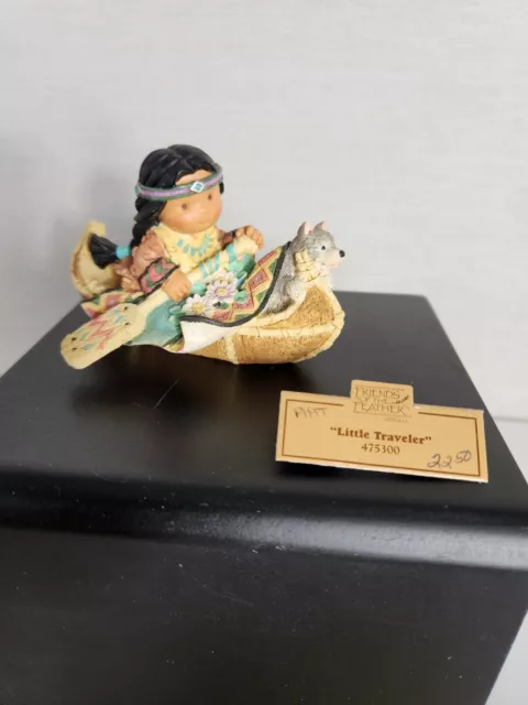 Vtg Enesco Friends Of Feather Little Traveler Boy Canoe Native American #475300