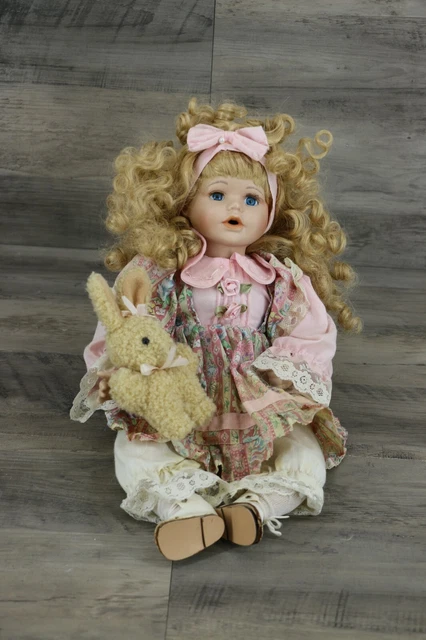 Porcelain Doll in Floral Dress with Curly Hair and Bunny Rabbit 1990s Vintage