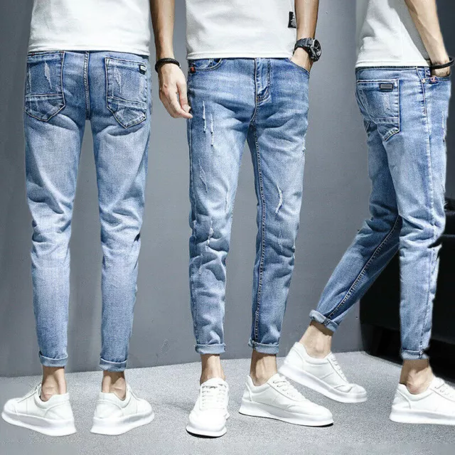 Man's Casual Denim Ripped Straight Slim Fit Cargo Jeans Joggers Workout Trousers