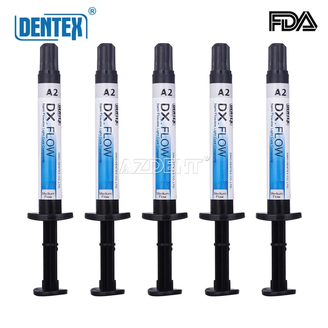 5X DENTEX Dental Flowable Medium Flow Light Curing Composite Resin Shade A2