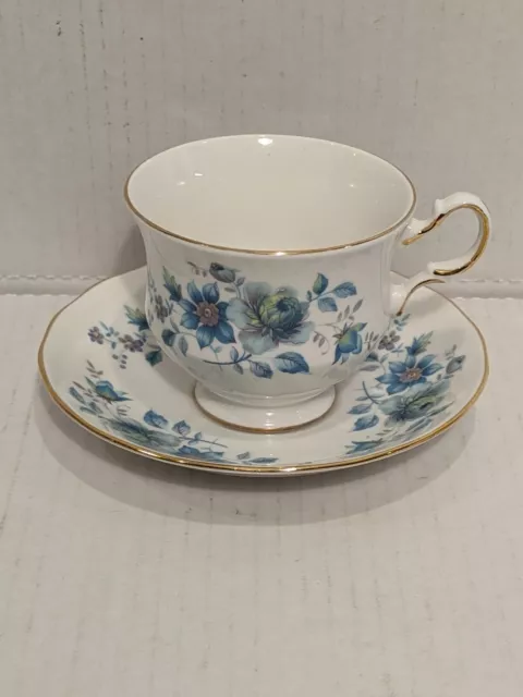 Vintage Queen Anne Bone China Tea Cup and Saucer Made In England, Blue floral