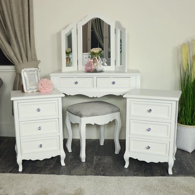 Blanco Muebles de Dormitorio Tocador Conjunto Par Mesita Noche Francés Elegante