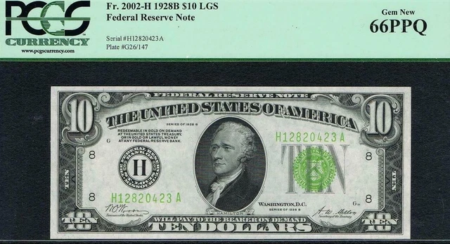 ST. LOUIS LGS. LIGHT GREEN SEAL. $10 1928B St. Louis FRN. PCGS 66 PPQ. Rare