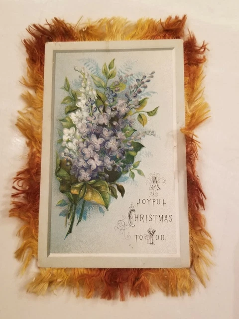 1880s Victorian Trade Card Christmas Flower & New Year Gold Fringe Double Sided