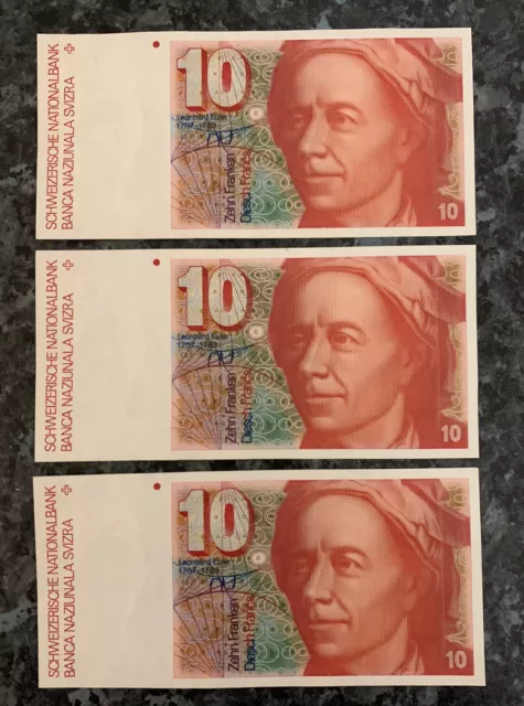 Switzerland 3x UNC CHF 10 Swiss Franc notes from 6th series collect/exchangeable