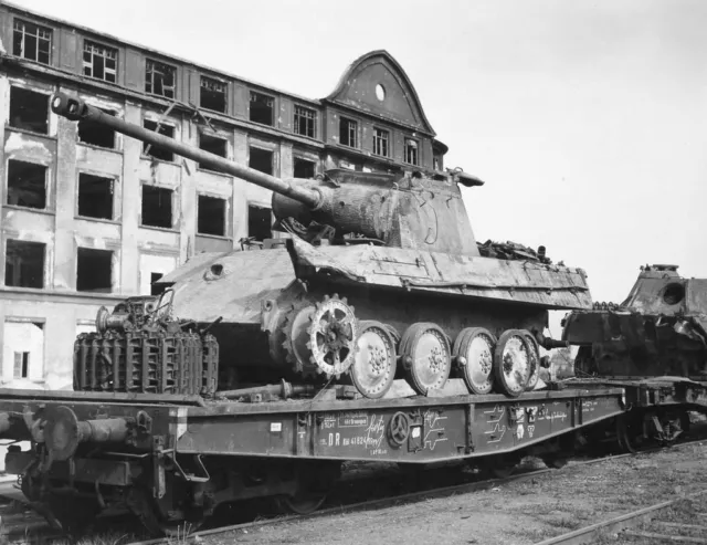 WWII B&W Photo German Panther Tank Damaged PzKpfw.V on Rail Cars WW2 / 4073