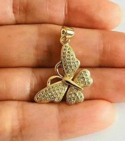 Pendentif papillon Moissanite rond taille brillant 1,60 ct plaqué or jaune...