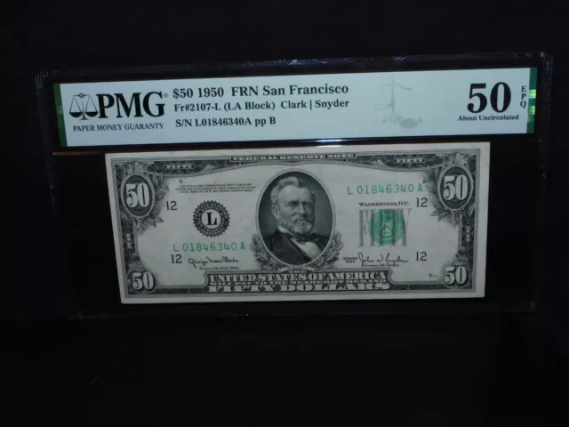 $50 1950 Federal Reserve Note Frn San Francisco Fr#2107-L- Pmg 50 Epq-About Unc