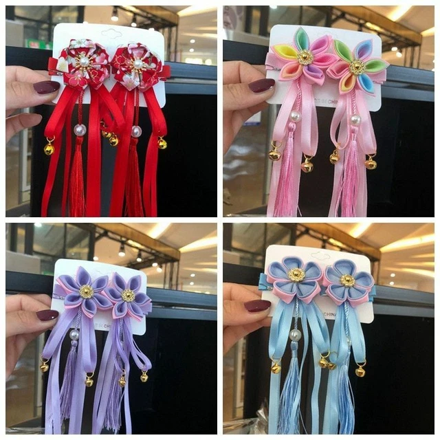 Girls Kids Tassel Hairpin Ribbon Bow Flower Hairclips Cosplay Hair Pins 2Pcs/Lot