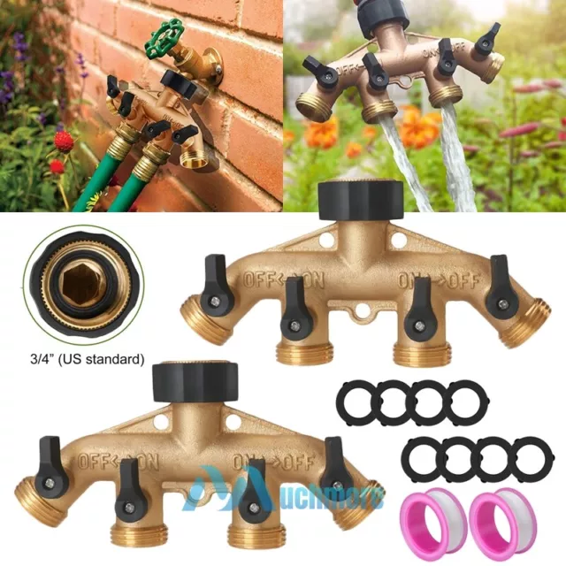 2Pack 3/4" Solid Brass 4 Way 4 Valves Garden Connector Adaptor Hose Splitter New