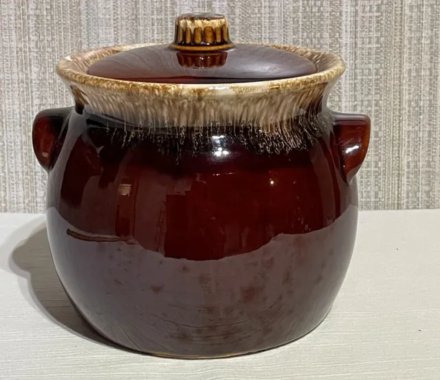 Vintage Hull Pottery Bean Pot with Lid, Brown Drip Glaze Oven proof Crock, USA